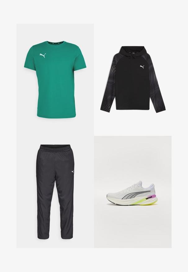 Puma RUN FAVORITE AOP WOVEN JACKET M - Sportovní bunda - black-aop; Zelené tričko s krátkým rukávem vyrobené z bavlny, s kulatým výstřihem a bílým logem Puma na levé hrudi. Hladká textura a standardní střih.; Černé sportovní kalhoty vyrobené z hladkého, lehkého materiálu. Mají elastický pas a malé bílé logo na levé straně.; Bílé sportovní boty s prodyšným síťovaným svrškem, černými akcenty a vícbarevnou podrážkou s fialovými a zelenými detaily.