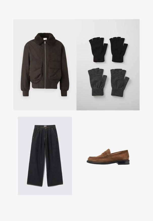 Tummanvihreä takki, jossa on koostumukseltaan karvainen kaulus. Takissa on etutaskut ja vetoketjukiinnitys. Se on valmistettu sileästä kankaasta, jossa on ribattu hihansuu.; Litte valkoiset lyhythihainen rento T-paita asetettuna tasaiseksi vaaleanharmaata taustaa vasten.; Tummansininen leveälahkeinen farkut, joissa on etupleikit, viistoja taskuja, vyölenkkejä ja nappikiinnitys vyötäröllä, jossa on lappu "WEEKDAY."; Kumaran mokasin ruskea nubukki nahka, jossa on pyöreä kärki, ommeltu yksityiskohta päällä ja musta kumipohja. Vähäisiä messingistä valmistettuja yksityiskohtia.; Pier One 2 PACK - Kynsikkäät - black/grey