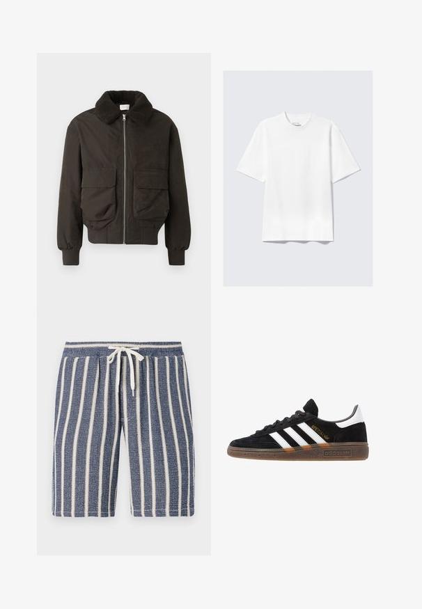 Dark green jacket with a textured, furry collar. Features front pockets and a zipper closure. Made from a smooth fabric with ribbed cuffs.; Plain white short-sleeve relaxed-fit T-shirt laid flat on light gray background.; Navy blue textured shorts with white vertical stripes, elastic waistband, and a drawstring detail. Casual design suitable for warm weather.; Black Adidas sneaker with white stripes, gold "Spezial" text, gum sole, and white heel tab, shown in profile view.