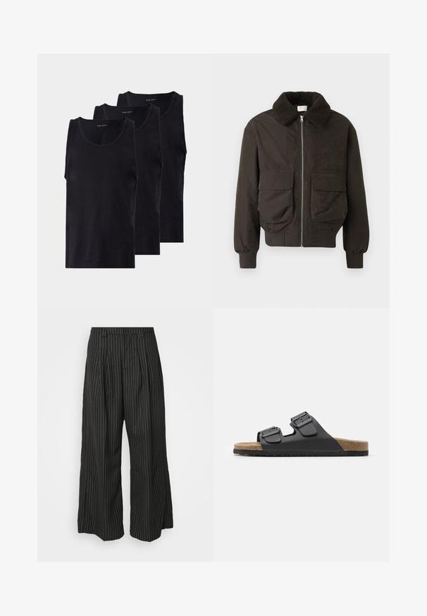 Tmavozelená bunda s textúrovaným, chlpovým golierom. Má predné vrecká a zips. Vyrobená z hladkej látky s ryšavými manžetami.; Čierne bavlnené tielka v balení po troch kusoch, s okrúhlym výstrihom a bezrukávovým dizajnom, hladkým povrchom a klasickým strihom.; Čierne široké nohavice s pásikmi a skladaním, s prispôsobeným strihom a jemnou textúrou. Bez viditeľného hardvéru alebo akcentov.; Čierne sklzové sandále s dvoma nastaviteľnými prackami, štruktúrovanou stielkou a korkovou podrážkou. Majú plochý, široký dizajn pre pohodlie.