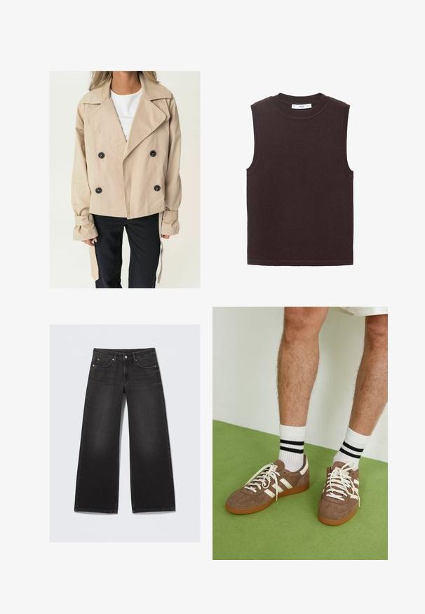 Palton bej cu dublu rând de nasturi, dotat cu nasturi mari negri, guler ascuțit și manșete legate. Material neted, cu o croială lejeră.; Pulover fără mâneci, de culoare maro închis, realizat dintr-un material moale și texturat. Dispune de un gât rotund și margini din tricot la orificiile pentru brațe și la margine.; Jeans din denim cu talie largă de culoare neagră, cu cinci buzunare și închidere cu nasture, așezate pe o suprafață deschisă.; Adidași maro din suede cu accente și șireturi albe. Talpă din cauciuc de culoare caramel. Purtați cu șosete albe cu dungi negre. Pardoseală verde texturată.