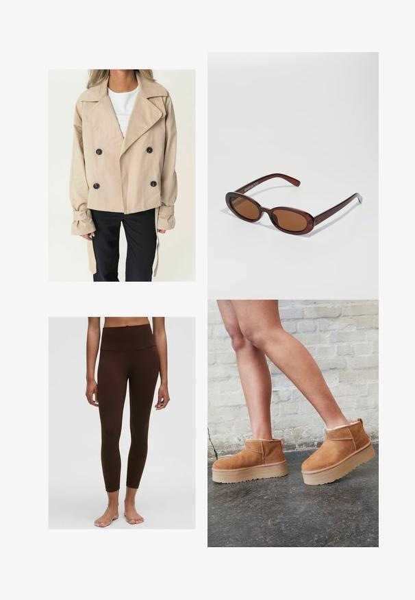 Palton bej cu dublu rând de nasturi, dotat cu nasturi mari negri, guler ascuțit și manșete legate. Material neted, cu o croială lejeră.; Pulover fără mâneci, de culoare maro închis, realizat dintr-un material moale și texturat. Dispune de un gât rotund și margini din tricot la orificiile pentru brațe și la margine.; Leggings maro cu talie înaltă, cu o textură netedă, design ajustat și margine la glezne. Fără modele vizibile sau detalii hardware.; Botine din suede maro, cu căptușeală moale, talpă platformă groasă de culoare bej și sistem de prindere în partea din spate. Suprafață texturată cu detalii de cusătură vizibile.; Ochelari de soare rotunzi, cu nuanțe de brown și cu un cadru lucios de burgund. Brațe subțiri cu detalii subtile de branding. Design cu lentile plate.