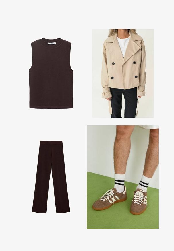 Bežani dvoslojni plašč s velikimi črnimi gumbi, s koničastim ovratnikom in zavezovanimi manšeti. Gladka tkanina s sproščenim krojem.; Brezrokavni pulover v temno rjavi barvi, izdelan iz mehkega teksturiranega materiala. Ima okroglo ovratnico in rebraste robove na odprtinah za roke ter na spodnjem robu.; Rjav širokoleseni hlače iz mehkega blaga, z debelim pasom in gladko teksturo, brez vidnih vzorcev ali kovinskih delov.; Rjavi semiš športni čevlji z belimi detajli in vezalkami. Gumijast podplat. Nošeni z belimi nogavicami z črnimi črtami. Zelena teksturirana talna obloga.