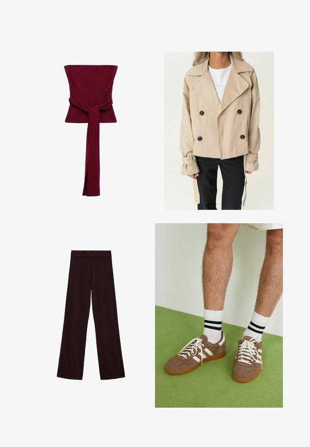 Beige dvouřadý trenčkot s velkými černými knoflíky, špičatým límcem a staženými manžetami. Hladká tkanina s uvolněným střihem.; Burgundské tílko s přiléhavým korzetem, na bocích s nařasenými detaily a dlouhým, uvázaným textilním akcentem v pase. Hladký, elastický materiál.; Bezrukávový svetr v tmavě hnědé barvě, vyrobený z měkké, strukturované tkaniny. Má kulatý výstřih a žebrované okraje na výstřihu paží a dolním lemu.; Hnědé kalhoty s širokým střihem vyrobené z měkké tkaniny, s širokým pasem a hladkým povrchem, bez viditelných vzorů či kovových prvků.; Hnědé semišové tenisky s bílými akcenty a tkaničkami. Gumová podrážka. Nošeny s bílými ponožkami s černými pruhy. Zelená strukturovaná podlaha.