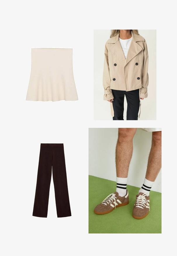 Palton bej cu dublu rând de nasturi, dotat cu nasturi mari negri, guler ascuțit și manșete legate. Material neted, cu o croială lejeră.; Fustă skater evazată în crem, confecționată dintr-un material moale. Are o textură fină și un design strâns la tiv, creând o mișcare subtilă.; Pantaloni largi maro, confecționați dintr-un material moale, având un tiv lat și o textură netedă, fără modele vizibile sau accesorii metalice.; Adidași maro din suede cu accente și șireturi albe. Talpă din cauciuc de culoare caramel. Purtați cu șosete albe cu dungi negre. Pardoseală verde texturată.