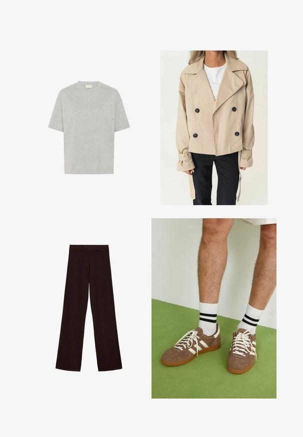 Beige doppelreihiger Trenchcoat mit großen schwarzen Knöpfen, einem spitzen Kragen und gebundenen Manschetten. Glattes Material mit lockerer Passform.; Kaffe TOMINA - T-Shirt basic - grey melange; Braune weite Hosen aus weichem Stoff, mit einem breiten Bund und einer glatten Textur, ohne sichtbare Muster oder Hardware.; Braune Wildleder-Sneaker mit weißen Akzenten und Schnürsenkeln. Gummisohle in Kautschuk-Optik. Getragen mit weißen Socken, die schwarze Streifen haben. Grüner strukturierter Fußboden.