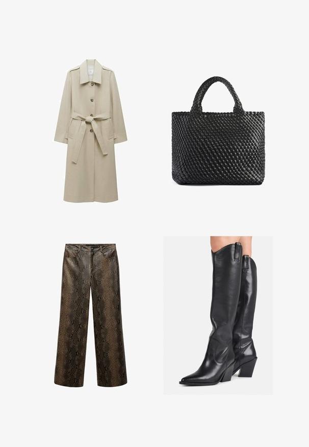 Bež plašč iz gladkega materiala, z izrezanim ovratnikom, sprednjimi gumbi, zavezanjem v pasu in dvema stranskima žepoma.; Svetlo bež pletena jopica z visokim ovratnikom, spuščeni rameni, rebrastimi manšetami in robom. Tkanina ima mehak, teksturiran zaključek.; Široke hlače z bleščečim, teksturiranim vzorcem kače v odtenkih rjave in črne barve, z klasičnim pet-pocket stilom in gumbom za zapiranje.; Črne usnjene škornje do kolen s koničastim nosom, ukrivljenim steblom in debelim petkom. Imajo gladko teksturo in ušesca na vrhu.; Črna tkaninasta torba s two ročaji, ki ima teksturirano površino in pravokotno obliko. Preprost, edinstven dizajn brez vidne opreme.