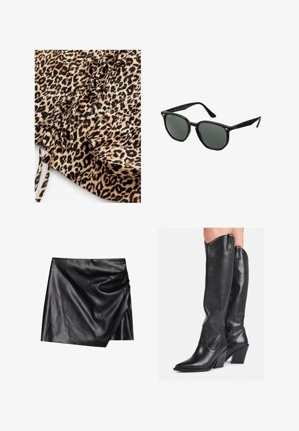 Béžový trenčkot vyrobený z hladkej látky, s klopovým golierom, prednými gombíkmi, opaskom na zaväzovanie a dvoma bočnými vreckami.; Čierny pletený sveter s dlhými rebrovanými rukávmi a širokým výstrihom. Na zadnej strane má látkovú šnúrku. Mäkká textúra a široký strih.; Látka s leopardím vzorom so svetlohnedým pozadím a čiernymi a hnedými škvrnami. Obsahuje šnúrky a zhromaždené detaily na jednom okraji.; Čierna kožená mini sukňa s prekrývacím dizajnom, s jemnou, hladkou textúrou a decentnými záhybmi na jednej strane.; Čierne kožené čižmy po kolená s špicatou špičkou, zakriveným vývodom a robustným podpätkom. Majú hladkú textúru a pútka na vrchu.; Čierne slnečné okuliare s obdĺžnikovými rámami, tmavozelenými šošovkami a jemnými striebornými akcentmi na vonkajších rohoch rámov.