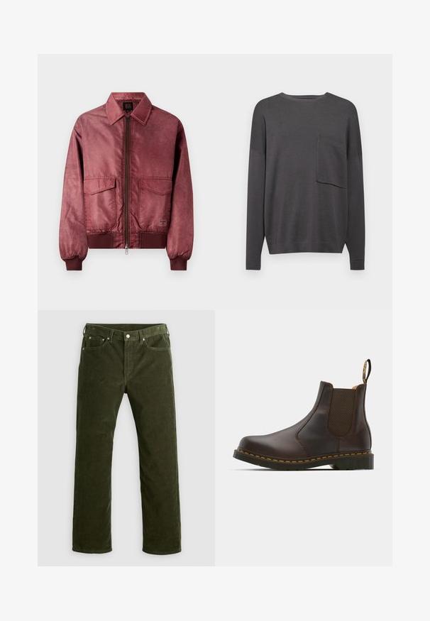 Burgunderfarget bomberjakke med glidelås foran, to brystlommer, ribbestrikkede mansjetter og glatt satinaktig tekstur. Har et klassisk kragedesign.; Kullgrå langermet strikkegenser med rund hals og en enkelt brystlomme. Myk tekstur med avslappet passform og ribbestrikkede mansjetter.; Olivenfargede kordfløyelsbukser med rett ben, frontknapp, glidelås, beltehemper og fem lommer på en hvit bakgrunn.; Brune lær Chelsea støvle med elastiske sidepaneler, teksturert hæl og kontrastfarget gul søm. Har en løfletapp for enkel påkledning.