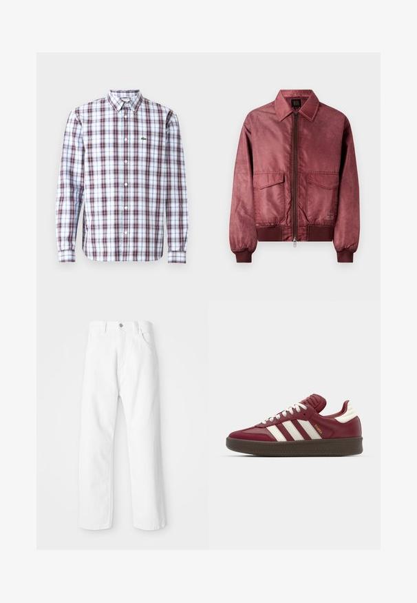 Burgundy bomber dzseki cipzárral elöl, két mellzsebből, bordázott mandzsettával és sima, selyemhez hasonló textúrával. Klasszikus galléros dizájn jellemzi.; Hosszú ujjú gombos ing, piros, kék és fehér kockás mintával, könnyű anyagból készült, a mellkason egy kis zöld logóval.; Fehér denim nadrág egyenes szabással, elől gombos és cipzáras záródással, öt zsebbel és tiszta, texturált felülettel.; adidas Originals SAMBA XLG UNISEX - Sportcipő - noble maroon/core white