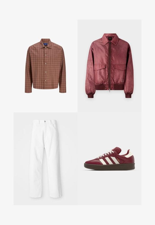 Burgundowa kurtka bomberka z zamkiem z przodu, dwoma kieszeniami na piersi, ściągaczami na mankietach oraz gładką, satynową teksturą. Posiada klasyczny kołnierzyk.; Czerwono-brązowa koszula w kratę z długim rękawem, z szpiczastym kołnierzykiem i białymi guzikami, wykonana z lekkiego, teksturowanego materiału.; Biała koszulka z krótkim rękawem z bordowym wykończeniem, napis „Escape BERLIN” na środku przodu, „Mitte” na lewej piersi oraz okrągły emblemat z dwiema gwiazdami na prawej piersi.; Białe dżinsy o prostym kroju nogawki, z zapięciem na guzik i suwak z przodu, pięcioma kieszeniami i gładkim, strukturalnym wykończeniem.; adidas Originals SAMBA XLG UNISEX brąz