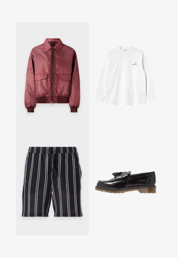 Veste bombardier bordeaux avec fermeture éclair à l'avant, deux poches poitrine, poignets côtelés et texture lisse semblable à du satin. Présente un design classique avec col.; T-shirt en coton blanc à manches longues avec un col rond, arborant un petit logo jaune et bordeaux sur la poitrine gauche. Poignets et ourlet sans coutures.; Shorts rayés noir et blanc avec une taille élastique, fermeture à cordon de serrage et un tissu texturé. Arrivent à mi-cuisse.; Loafers en cuir verni noir avec un design tressé, une touche de pampilles et une semelle en caoutchouc texturée et épaisse. La vue de côté met en avant une silhouette élégante.