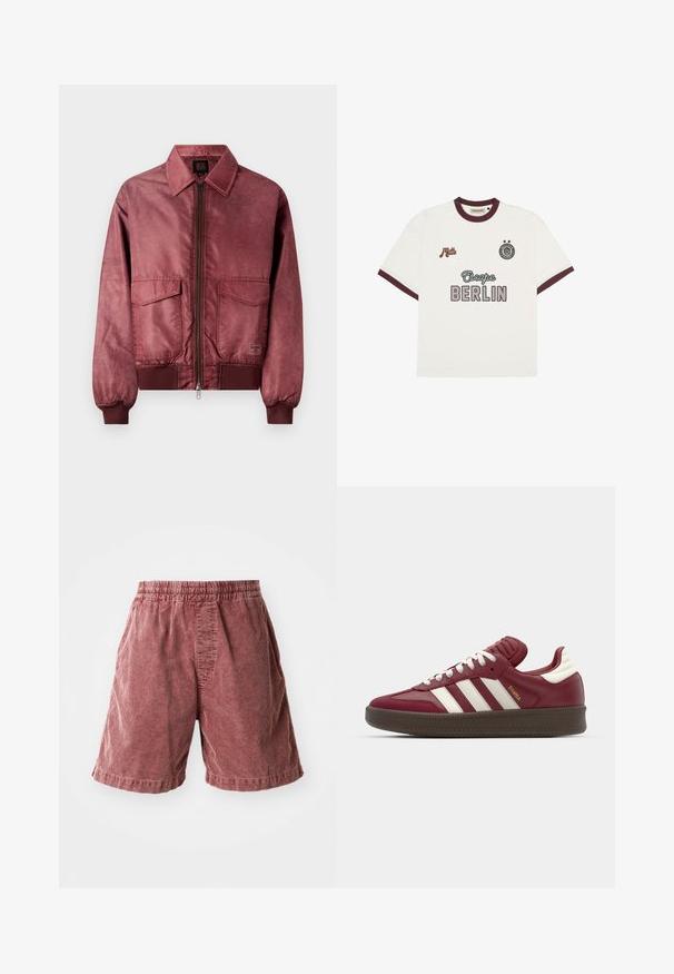 Jachetă bomber burgundă cu fermoar în față, două buzunare pe piept, manșete ribbate și textură netedă, asemănătoare satinului. Dispune de un design clasic cu guler.; Tricou alb cu mânecă scurtă, cu tiv bordo, textul "Escape BERLIN" pe partea din față la centru, "Mitte" pe pieptul stâng și un emblema circulară cu două stele pe pieptul drept.; Pantaloni scurți din bumbac de culoare ruginită, cu un talie elastică, având o suprafață texturată și buzunare laterale, care se termină chiar deasupra genunchiului.; adidas Originals SAMBA XLG UNISEX - Sneakers low - noble maroon/core white