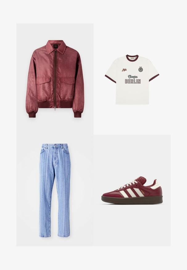 Bordový bomber s predným zipsom, dvoma náprsníkmi, ribbovanými manžetami a hladkým saténovým vzhľadom. Má klasický golier.; Biela krátka tričko s krátkymi rukávmi s burgundským lemovaním, text "Escape BERLIN" v strede na prednej strane, "Mitte" na ľavej hrudi a kruhový emblem s dvoma hviezdami na pravej hrudi.; Svetlomodré džínsy s vertikálnymi bielymi pruhmi, rovný strih, päť vreciek a zapínanie na gombík v páse.; adidas Originals SAMBA XLG UNISEX - Tenisky - noble maroon/core white