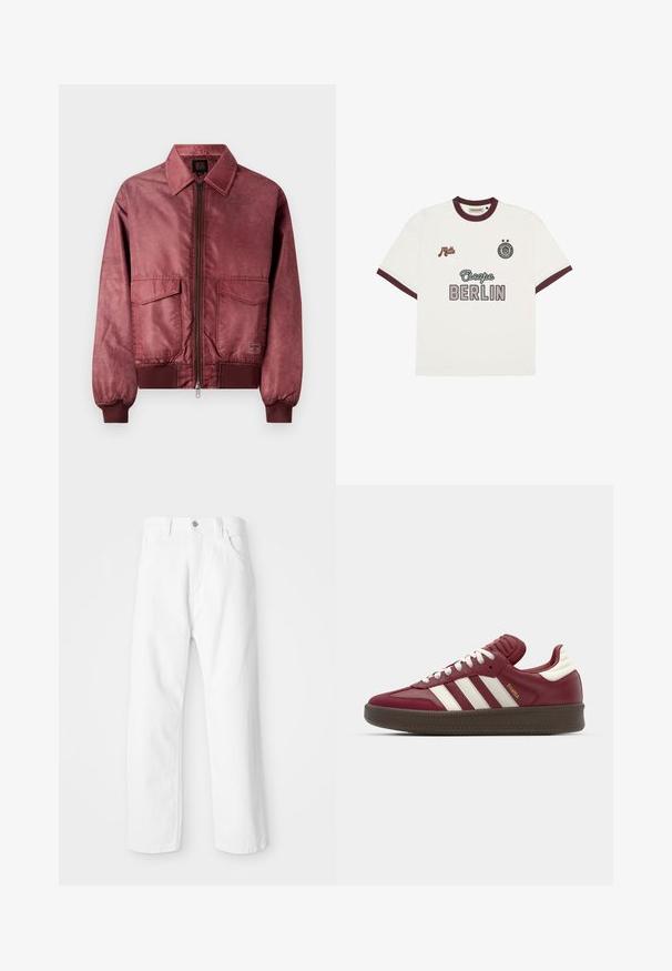 Burgundy-bombertakki vetoketjulla edessä, kahdella rintataskulla, ribbireunuksilla ja sileällä satiinimaiseen tekstuurilla. Klassinen kauluksellinen muotoilu.; Valkoinen lyhythihainen T-paita, jossa on tummanpunainen reunus, "Escape BERLIN" -teksti etuosassa keskellä, "Mitte" vasemmassa rinnassa ja pyöreä emblem, jossa on kaksi tähteä oikeassa rinnassa.; Valkoiset farkut suoran lahkeiden muotoilulla, joissa on etunappi ja vetoketjukiinnitys, viisi taskua ja siisti, teksturoitu pinta.; adidas Originals SAMBA XLG UNISEX - Matalavartiset tennarit - noble maroon/core white