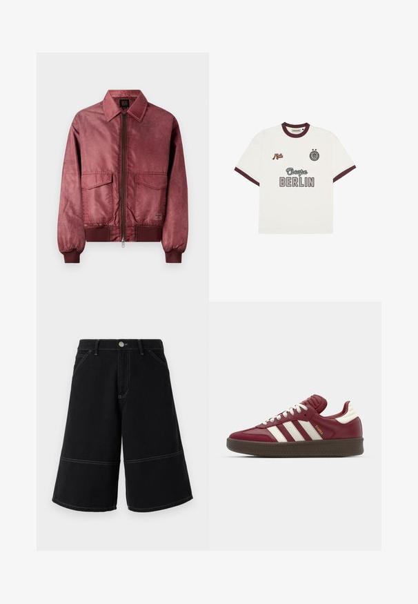 Burgundia värvi pommikate jakk, millel on lukuga eesmine osa, kaks rinna taskut, soonikkoes varrukad ja sile satiinilaadne tekstuur. Omab klassikalist kraed.; Valge lühikeste varrukatega T-särk burgundi äärtega, ees keskel tekst "Escape BERLIN", vasakul rinnal "Mitte" ja paremal rinnal ümmargune embleem kaheteistkümne tähega.; Mustadest denimitest lühikesed püksid laia jala disainiga, kontrastsete kollaste õmblustega ja ees taskutega. Kangas on sile ja tugev.; adidas Originals SAMBA XLG UNISEX - Tossud - noble maroon/core white