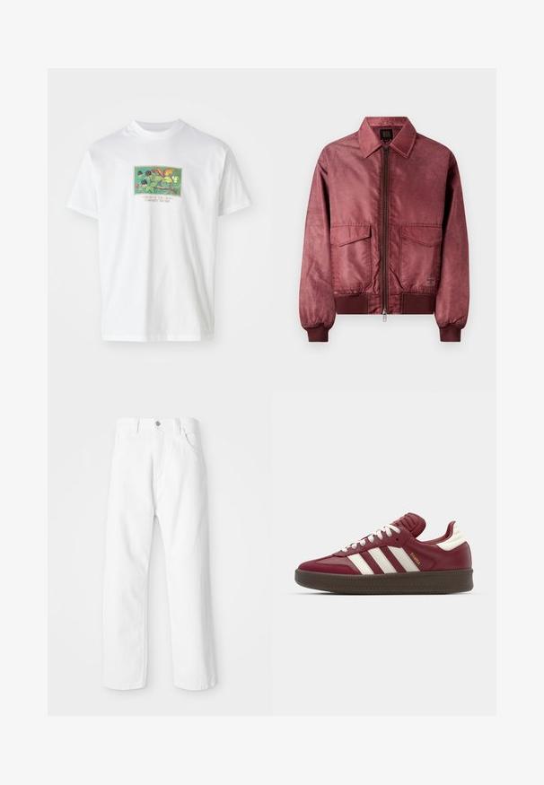 Burgundia värvi pommikate jakk, millel on lukuga eesmine osa, kaks rinna taskut, soonikkoes varrukad ja sile satiinilaadne tekstuur. Omab klassikalist kraed.; Valge puuvillane T-särk, millel on värvikas illustreeritud graafika taimedest ja viljadest. Allpool on tekst "CREAM OF THE CROP CARHARTT WIP 1989."; Valged teksapüksid sirge lõikega, millel on esi jaoks nupp ja tõmblukk, viis taskut ning puhas, tekstuuriga viimistlus.; adidas Originals SAMBA XLG UNISEX - Tossud - noble maroon/core white