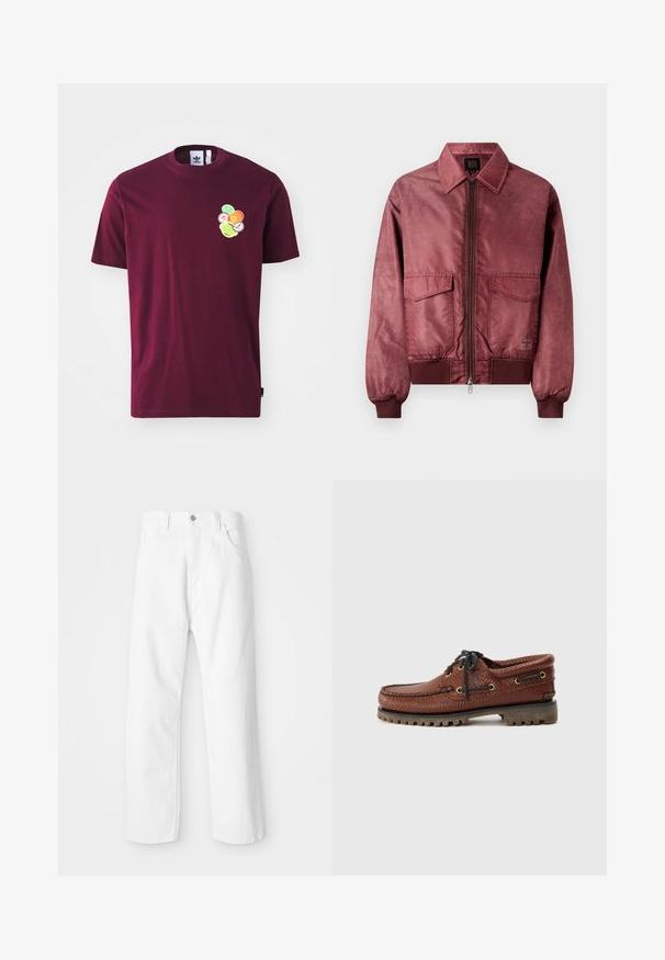 Burgundi spalvos bomberis su užtrauktuku priekyje, dviem krūtinės kišenėmis, raštuotais rankogaliais ir glotnia satino struktūra. Yra klasikinio apykaklės dizaino.; Vyno raudonas medvilninis marškinėliai su trumpomis rankovėmis ir apvaliu iškirpimu. Puošinys ant kairiojo krūtinės šono, įskaitant spalvingas apvalias formas.; Balti džinsai su tiesia kojos konstrukcija, su priekyje esančia mygtuko ir užtrauktuko uždarymo sistema, penkiomis kišenėmis ir švariu, tekstūriniu paviršiumi.; Rudos odinės valtinės bateliai su tekstūruota viršutine dalimi, juoda raištelių sistema ir auksinėmis aklėmis. Yra patvari, griovelio formos guma.