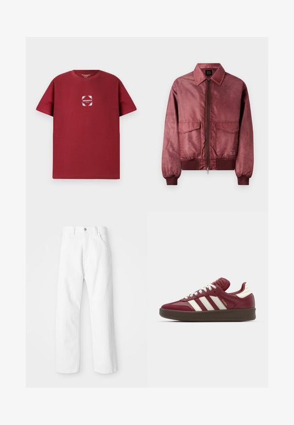 Burgundska bomber jakna s patentnim zatvaračem, dva džepa na prsima, rebraste manžete i glatku, satensku teksturu. Ima klasičan ovratnik.; Bordo pamučna majica s kratkim rukavima koja s prednje strane ima bijeli grafički krug s natpisom "ORIGINALS" i dodatkom listova.; Bijele traperice ravnog kroja s prednjim kopčanjem na gumb i patentni zatvarač, pet džepova i čistom, teksturiranom završnom obradom.; adidas Originals SAMBA XLG UNISEX - Tenisice - noble maroon/core white