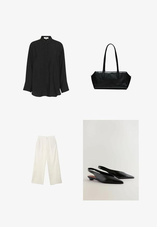 Czarna długa bluza z długim rękawem, z zamkiem z przodu, dużą kieszenią z przodu, elastycznym ściągaczem u dołu i kołnierzykiem.; Czarna koszula z długim rękawem, wykonana z lekkiego materiału, z kołnierzykiem w szpic, zapięciem na guziki i lekko rozszerzanymi mankietami. Gładka textura.; Spodnie z szerokimi nogawkami w kremowej tkaninie o gładkiej fakturze, z pojedynczym guzikiem z przodu, subtelnymi plisami i wysokim stanem.; Czarne buty na pasku z wycięciem, z chowanym noskiem i teksturowaną powierzchnią, z małym obcasem w kształcie bloku. Wnętrze ma brązowy akcent.; Czarna skórzana torebka na długich uchwytach, prostokątna, o gładkiej fakturze i skośnych bokach, z minimalistycznym wzornictwem i bez widocznych elementów metalowych.
