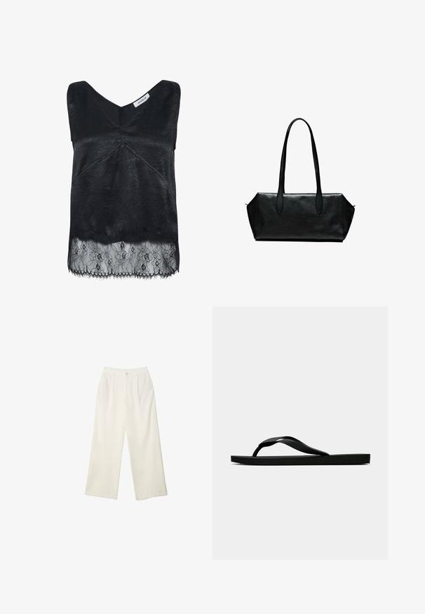 Sort langærmet pulloverjakke med frontlynlås, stor frontlomme, elastisk snoretræk i kanten og krave.; Sort ærmeløs top med tekstureret stof, der har en v-hals og en blondekant med blomster-mønstre. Flosset kant i bunden.; Bredde bukser i cremefarvet stof med en glat tekstur, der har en enkelt knap foran, diskrete folder og design med høj talje.; Sorte gummiflip-flopsandaler med en tekstureret rem og simpel flad sål, vist fra siden på en lys ensfarvet baggrund.; Sort læderhåndtaske med lange håndtag, rektangulær form, glat tekstur og skrå sider, der har et minimalistisk design uden synligt hardware.