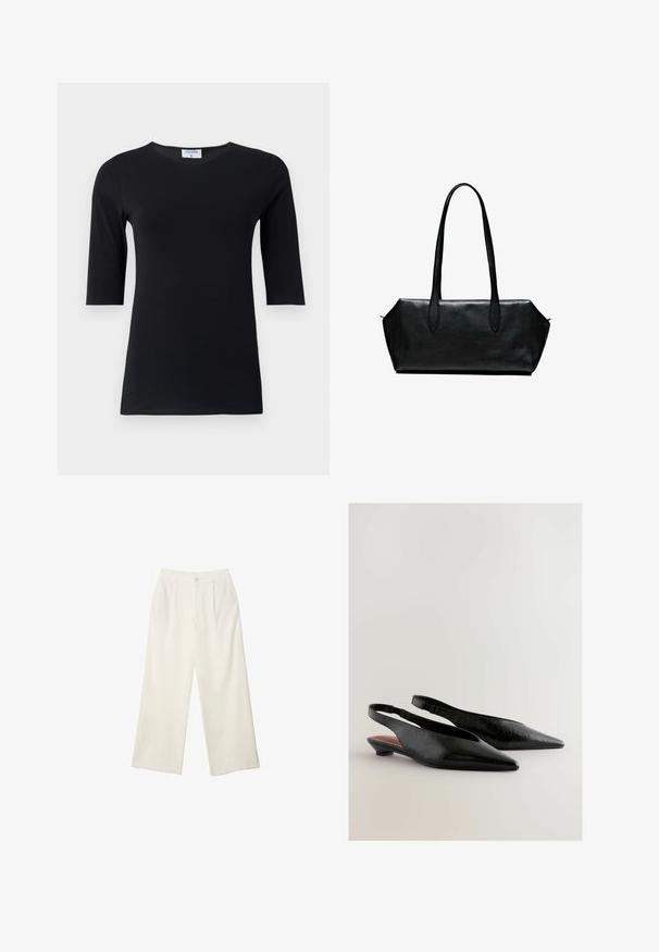 Schwarze langärmelige Pulloverjacke mit Frontreißverschluss, großer Fronttasche, elastischem Kordelzugsaum und Kragen.; Schwarzes Langarmshirt aus weichem, dehnbarem Stoff. Hat einen runden Ausschnitt und eine taillierte Silhouette mit Ärmeln in mittlerer Länge.; Helle Stoffhose mit weitem Bein und glatter Textur, ausgestattet mit einem einzelnen Knopf vorne, dezenten Falten und einem Hochbund-Design.; Schwarze Slingback-Schuhe mit einem spitzen Zehen-Design, das eine strukturierte Oberfläche und einen kleinen Blockabsatz aufweist. Das Innere hat einen braunen Akzent.; Schwarze Ledertasche mit zwei langen Tragriemen, rechteckiger Form, glatter Textur und kantigen unteren Ecken. Keine sichtbaren Beschläge oder Muster.