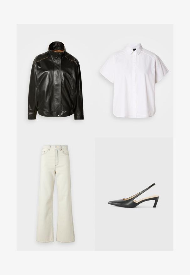 Juoda odinė striukė su aukšta apykakle, spaudimo mygtukų uždarymu ir kontrastinga šviesiai ruda siuvimo geliu. Lygaus paviršiaus su šiek tiek per dideliu fasonu.; Balta trumpomis rankovėmis marškinėlių su atlenkiamu apykakle ir kreiva apačia. Pagaminta iš medvilnės, su sklandžiu paviršiumi ir be matomų raštų.; Aukštai juosmens smėlio spalvos džinsai su plačiais keliais, su šviesiomis siūlėmis ir priekiniais užtrauktuku. Kišenės nematomos.; Juodas smailus slingback batelis su žemu kulnu, pagamintas iš lygaus odos paviršiaus ir su išpjovomis šone, užtikrinančiomis oro pralaidumą.