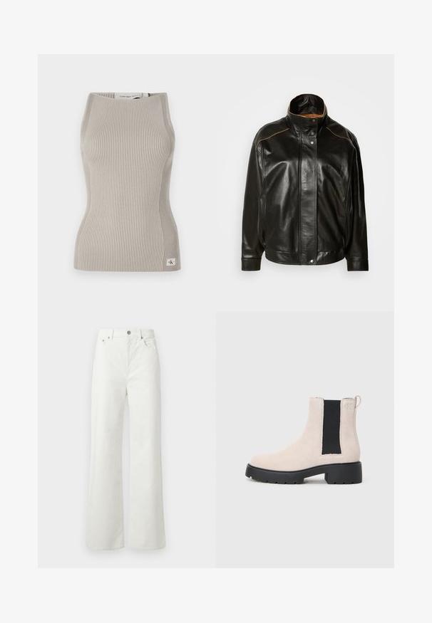 Must musta jope, millel on kõrge krae, nupuklõpsuga sulgemine ja kontrastne söeõmblus. Sile tekstuur ja veidi suurenenud lõige.; Lihava tank ülikond heledas beežis värvitoonis, keskmise raskusega kangast, kõrge kaelusega, sobiva lõikega ning väikese logo sildiga äärel.; Samsøe Samsøe SHELLY - Avar lõikega teksad - clear cream; Beez suède Chelsea saapad mustade venituspaneelidega, turske musta põhjaga ja käepidemega pahkluul.