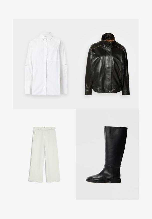Schwarze Lederjacke mit hohem Kragen, Druckknopfverschluss und kontrastierendem, tanfarbenem Nähten. Glatte Textur mit einem leicht übergroßen Schnitt.; Weißes Button-Up-Hemd mit langen Ärmeln und Ausschnitten, einer Brusttasche und einem strukturierten Kragen. Hergestellt aus einem leichten Stoff.; Weite Hose aus zartem Creme-Stoff, mit seitlichen Taschen, flatem Bund und einer Knopfverschluss an der Taille. Glatte Textur.; Schwarze Lederstiefel bis zum Knie mit runder Zehenform, glatter Textur, minimalistischem Design und flacher Sohle. Einfache Nahtdetails am Schaft.