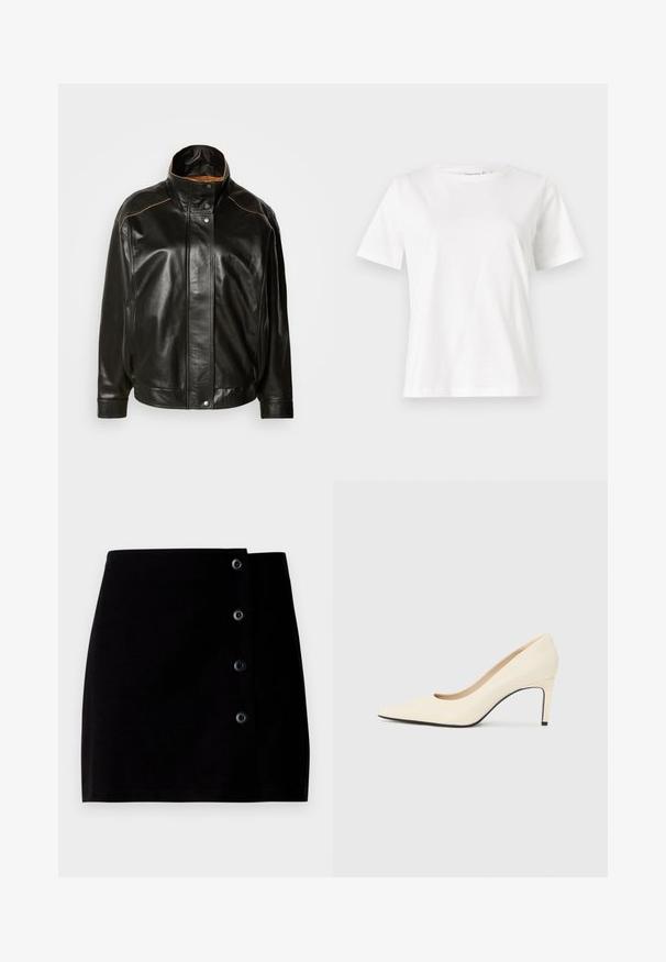 Schwarze Lederjacke mit hohem Kragen, Druckknopfverschluss und kontrastierendem, tanfarbenem Nähten. Glatte Textur mit einem leicht übergroßen Schnitt.; Weißes Baumwoll-T-Shirt mit kurzen Ärmeln, Rundhalsausschnitt und lockerer Passform. Glatte Textur, keine Muster oder Akzente, minimalistisches Design.; Schwarzer Minirock aus Baumwolle mit seitlichem Knopfverschluss und vier schwarzen Knöpfen in gerader Silhouette. Sanfte Textur.; Weiße Leder-Pumps mit hohen Absätzen, spitz zulaufender Zehenpartie, glatter Textur und schwarzem Sohlenakzent. Klassisches Design mit moderater Absatzhöhe.