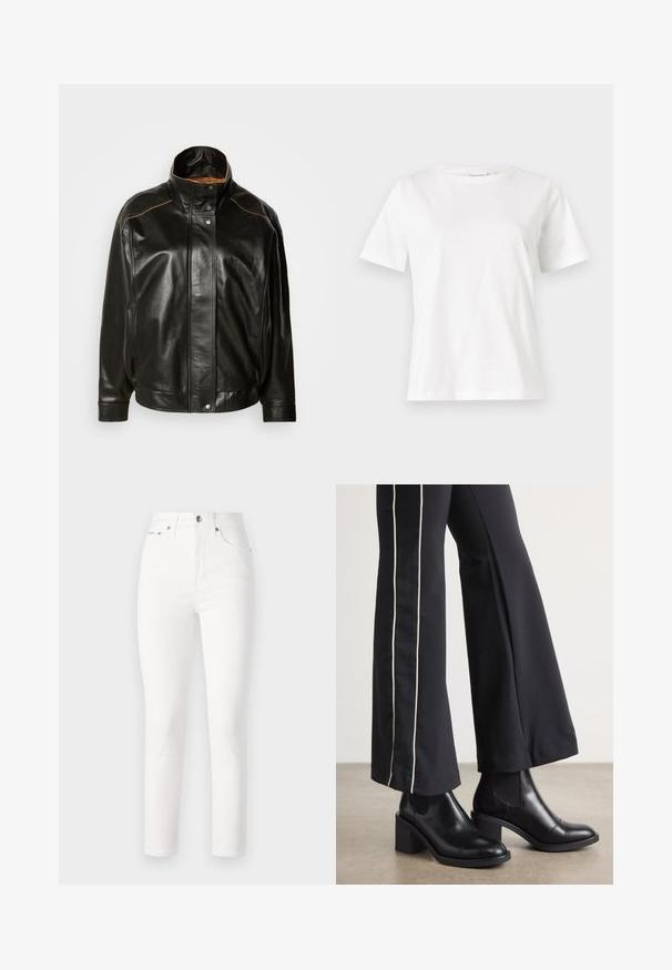 Fekete bőr dzseki magas gallérral, patentgombos záródással és kontrasztos világosbarna varrással. Simább textúra, enyhén oversize fazon.; Fehér pamut póló rövid ujjakkal, kerek nyakkivágással és laza szabással. Sima textúra, nincsenek minták vagy díszítések, minimalista dizájn.; Fehér farmernadrág magasderékú fazonnal, beszűkült lábbal és öt zsebbel. Fém gombbal és szegecsekkel rendelkezik, sima felülete van.; Fekete bőr bokacsizma, tömbsarkúval, oldalán rugalmasszal ellátott panelek találhatók. Fekete nadrággal párosítva, amelynek fehér oldalsávja van.