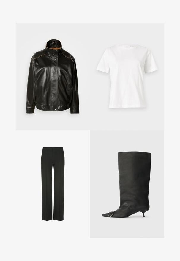 Czarna skórzana kurtka z wysokim kołnierzem, zapinana na napy, z kontrastowymi, jasnobrązowymi szwami. Gładka faktura i lekko oversize'owy krój.; Biała bawełniana koszulka z krótkim rękawem, okrągłym dekoltem i luźnym krojem. Gładka tekstura, brak wzorów lub dodatków, minimalistyczny design.; Czarne, szerokie spodnie wykonane z gładkiego materiału; mają płaski przód z liniami zagięcia, szlufki na pasek i dopasowany krój.; Czarne skórzane botki za kostkę z szpiczastym noskiem, małym obcasem i metalicznym akcentem na nosku. Gładka, matowa faktura na całej powierzchni.