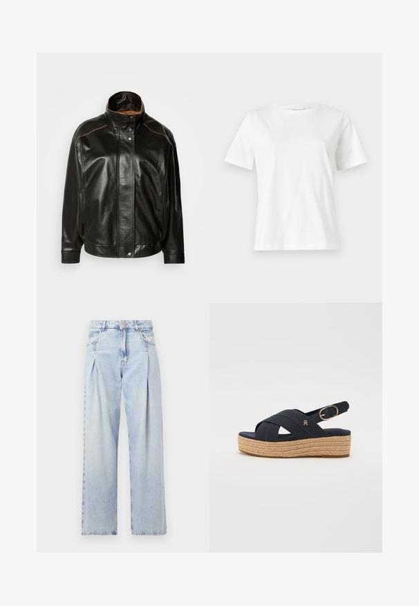 Juoda odinė striukė su aukšta apykakle, spaudimo mygtukų uždarymu ir kontrastinga šviesiai ruda siuvimo geliu. Lygaus paviršiaus su šiek tiek per dideliu fasonu.; Balta medvilninė marškinėliai trumpomis rankovėmis, su apvalia iškirpte ir laisvu siluetu. Lygi tekstūra, be raštų ar akcentų, minimalistinis dizainas.; Šviesiai mėlyni džinsai su aukštu liemeniu, plačiomis kojomis, dviem šoninėmis kišenėmis ir raukinių dizainu. Minkšta tekstūra su nudilusia apdaila.; Tamsiai mėlyni kanvoso espadrilio sandalai su kryžminėmis dirželis, nertos jūrinės virvės platforma ir metalinėmis sagtimis. Plokščias gumos padas.