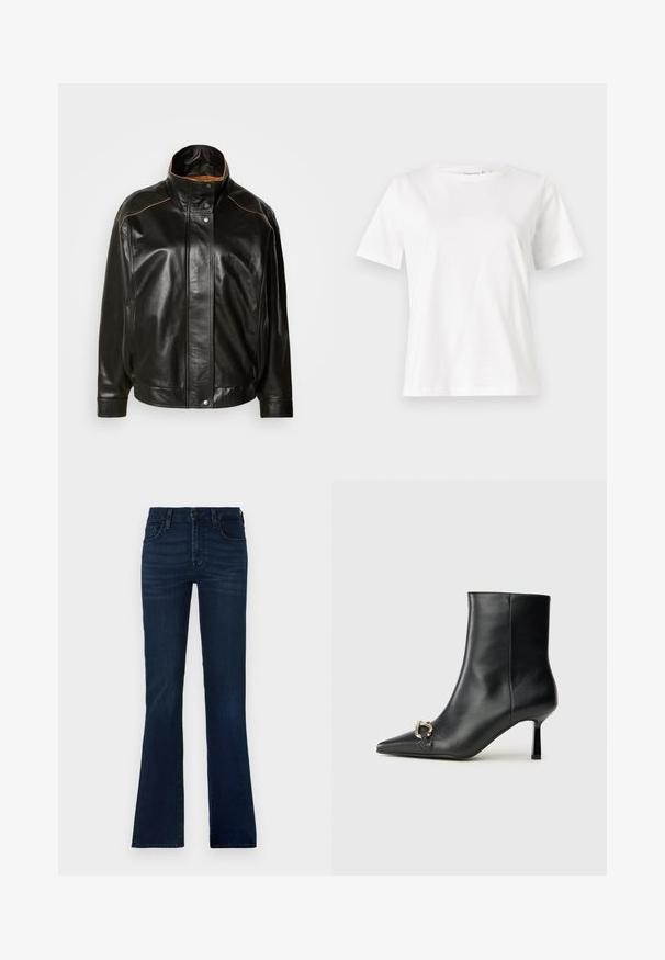 Juoda odinė striukė su aukšta apykakle, spaudimo mygtukų uždarymu ir kontrastinga šviesiai ruda siuvimo geliu. Lygaus paviršiaus su šiek tiek per dideliu fasonu.; Balta medvilninė marškinėliai trumpomis rankovėmis, su apvalia iškirpte ir laisvu siluetu. Lygi tekstūra, be raštų ar akcentų, minimalistinis dizainas.; Tamsiai mėlynos plačios džinsinės kelnės. Yra penki kišenės, uždarymas mygtuku ir subtilus blukimas ant šlaunų.; Juodas odinis apavas iki kulkšnies su smailiu nosiu, plonu vidutinio aukščio kulnu ir sidabriniu sagties akcentu šone, prieš paprastą foną.