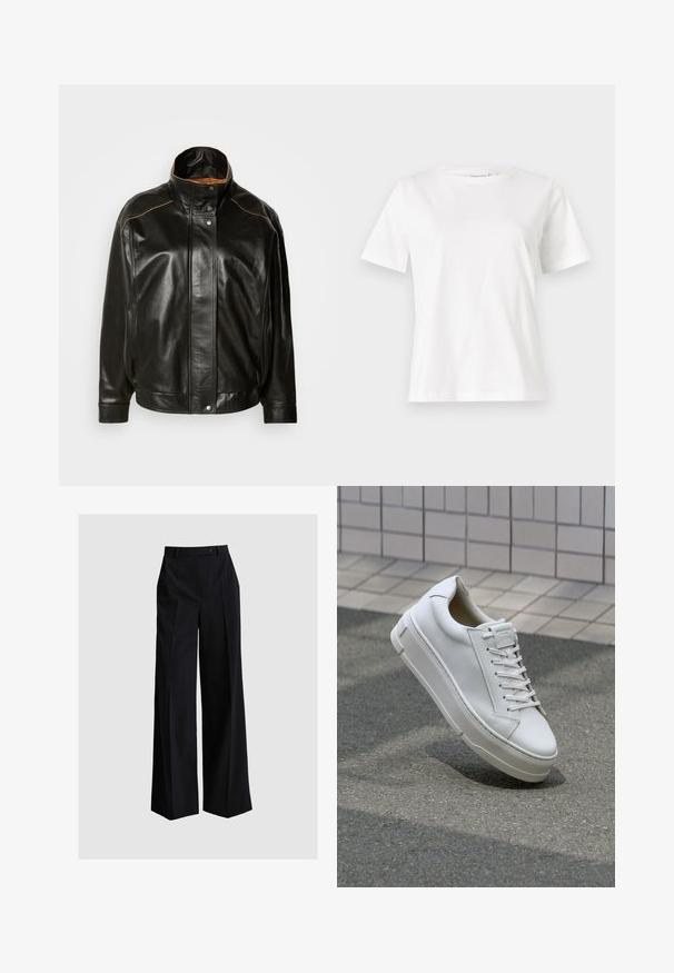 Veste en cuir noir avec un col haut, fermeture à boutons-pression et coutures contrastantes en tan. Texture lisse avec une coupe légèrement surdimensionnée.; T-shirt en coton blanc à manches courtes, col rond et coupe décontractée. Texture lisse, sans motifs ni accents, design minimaliste.; ANDIATA GISELLA - Pantalon classique - black; Baskets blanches en cuir avec un design bas, lacets plats, bout arrondi et côtés texturés. Semelle en caoutchouc épaisse avec des accents subtils.