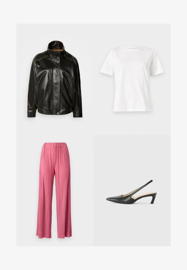 Zwarte leren jas met een hoge kraag, drukknopen en contrasterende beige stiksels. Glad materiaal met een iets oversized pasvorm.; Witte katoenen t-shirt met korte mouwen, ronde halslijn en een ontspannen pasvorm. Gladde textuur, geen patronen of accenten, minimalistisch ontwerp.; Samsøe Samsøe UMA - Broek - rose wine; Zwarte puntige slingback schoen met een lage hak, gemaakt van soepel leer en voorzien van een uitsnede aan de zijkant voor ventilatie.