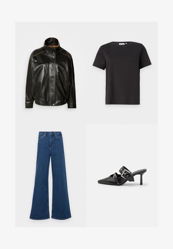 Fekete bőr dzseki magas gallérral, patentgombos záródással és kontrasztos világosbarna varrással. Simább textúra, enyhén oversize fazon.; Fekete pamut póló rövid ujjakkal, kerek nyakkivágással és egyszerű, letisztult dizájnnal. Nincsenek látható minták vagy díszítések.; Kék farmerből készült, bővülő szárú, magas derekú farmernadrág, öt zsebbel, gombos záródással és kontrasztos varrásokkal az összehúzott részeknél.; Fekete magassarkú mules, hegyes orral, sima bőrből készült. Széles bokapántja van, négyzet alakú ezüst csattal és szegecsekkel.