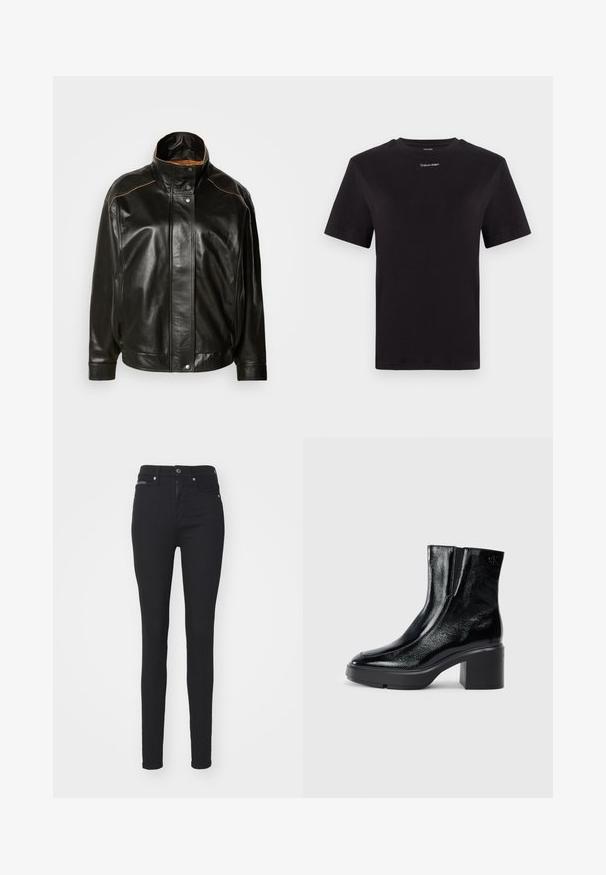 Fekete bőr dzseki magas gallérral, patentgombos záródással és kontrasztos világosbarna varrással. Simább textúra, enyhén oversize fazon.; Fekete pamut póló rövid ujjakkal, kerek nyakkivágással és kis fehér "Calvin Klein" logóval a mellkasnál. Simás textúra, klasszikus fazon.; Fekete skinny farmernadrág, elülső cipzárral, gombos zárással és öt zsebes kialakítással. Simább textúra, testhezálló szabással.; Fekete lakkbőr bokacsizma ívelt orral, elasztikus oldalpanelek és vastag blokk sarkal. A hátsó részen dombornyomott logó található.