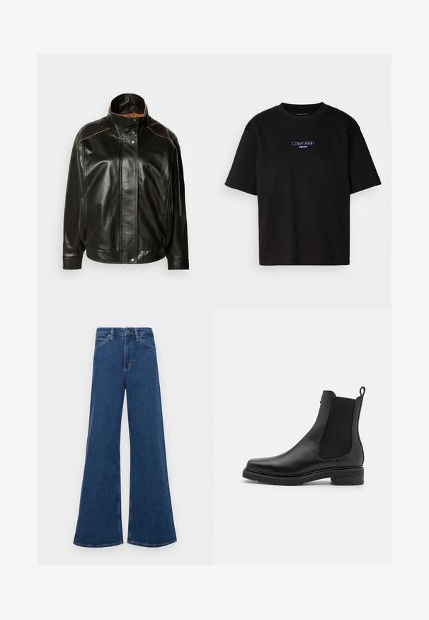 Jachetă din piele neagră cu guler înalt, închidere cu buton tip snap și cusături contrastante bej. Textură netedă, cu o croială ușor supradimensionată.; Tricou din bumbac negru cu guler rotund, mâneci scurte și logo-ul brodat în albastru "Calvin Klein JEANS" pe față.; Jeans din denim albastru cu talie înaltă, cu o croială evazată, având cinci buzunare, închidere cu nasture și cusături în contrast pe șuvițe.; Botine negre din piele, cu panouri laterale elastice, toc înălțat mic și o bucată pentru tracțiune pe spate. Textură netedă și design elegant.
