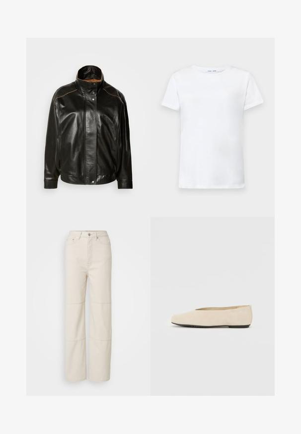 Black leather jacket featuring a high collar, snap button closure, and contrasting tan stitching. Smooth texture with a slightly oversized fit.; White short-sleeve t-shirt made of cotton with a crew neck design. Smooth texture and straight cut, no patterns or accents.; Light beige wide-leg jeans made of cotton. Features a high waist, front button closure, and two horizontal seam accents on the legs.; Beige suede ballet flat with a rounded toe, flat sole, and minimal design. Smooth texture and no visible hardware or embellishments.