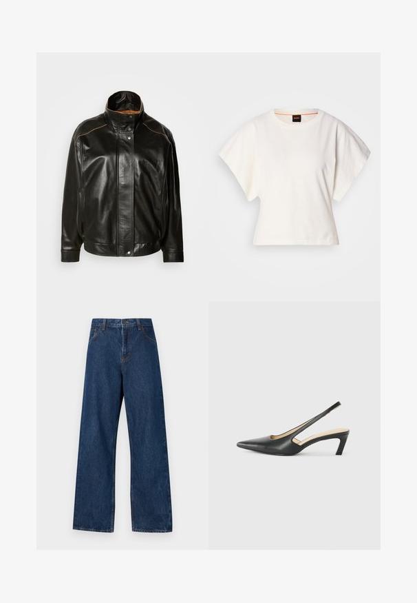 Melnas ādas jaka ar augstu apkakli, snap pogu aizdari un kontrastējošu brūnu izšuvumu. Gluda faktūra ar nedaudz pārāk lielu piegriezumu.; Balts īsais T-krekls, plašas īsas piedurknes, mīksts kokvilnas materiāls, apaļa kakla izgriezums ar delikātu oranžu apdari, minimāls dizains, bez rakstiem vai grafikām.; Tumši zili, platajām kājām, džinsu bikses ar klasisku piecu kabatu dizainu. Ievērojams kontrastējošs diegs un priekšējā pogu aizdare.; Melna, ar smailu purngalu, slingback kurpe ar zemu papēdi, izgatavota no gludas ādas materiāla un ar izgriezumiem sānos gaisa caurlaidībai.