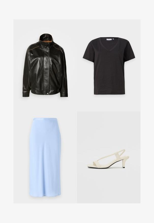 Fekete bőr dzseki magas gallérral, patentgombos záródással és kontrasztos világosbarna varrással. Simább textúra, enyhén oversize fazon.; Fekete pamut póló V-nyakkal és rövid ujjakkal. Egyszerű dizájn, normál fazon, minta vagy díszítés nélkül.; Világos kék midi szoknya sima anyagból. Feszes derék, egyenes sziluettel és minimális varrással. Finom fény a felületen.; Beige színű, blokksarkú szandálok vékony pántokkal és négyzet alakú orral. Simább anyag, minimális részletezéssel, amely könnyű viselésre lett tervezve.