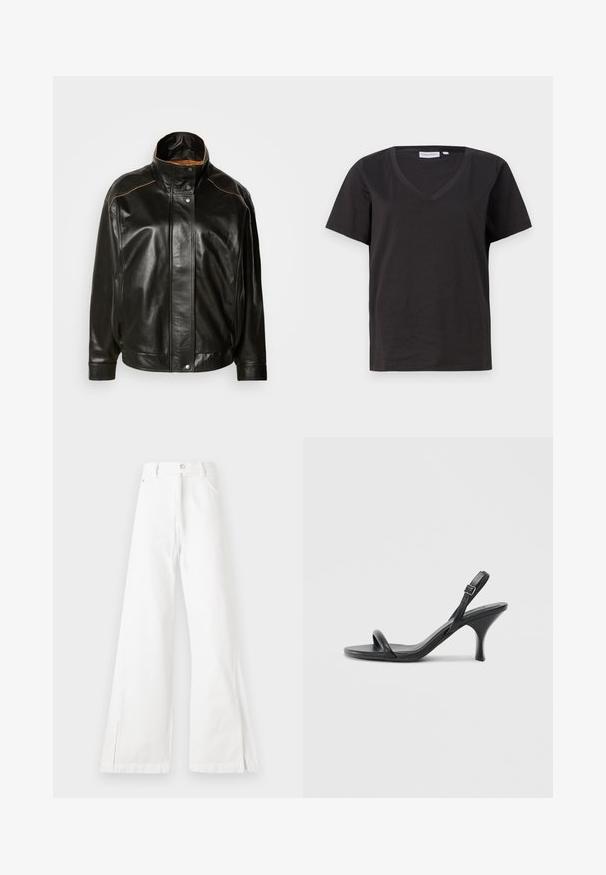 Černá kožená bunda s vysokým límcem, zapínáním na patenty a kontrastním béžovým prošíváním. Hladký povrch s mírně oversize střihem.; Černé bavlněné tričko s výstřihem do V a krátkým rukávem. Jednoduchý design s klasickým střihem bez vzorů nebo akcentů.; Bílé široké džíny s vysokým pasem, vyrobené z džínoviny. Obsahují přední kapsy, zapínání na knoflík a postranní rozparky na lemu.; Černé kožené sandály na vysokém podpatku s úzkým, zakřiveným podpatkem a designem s překříženými popruhy. Nastavitelný pásek kolem kotníku. Hladký povrch.