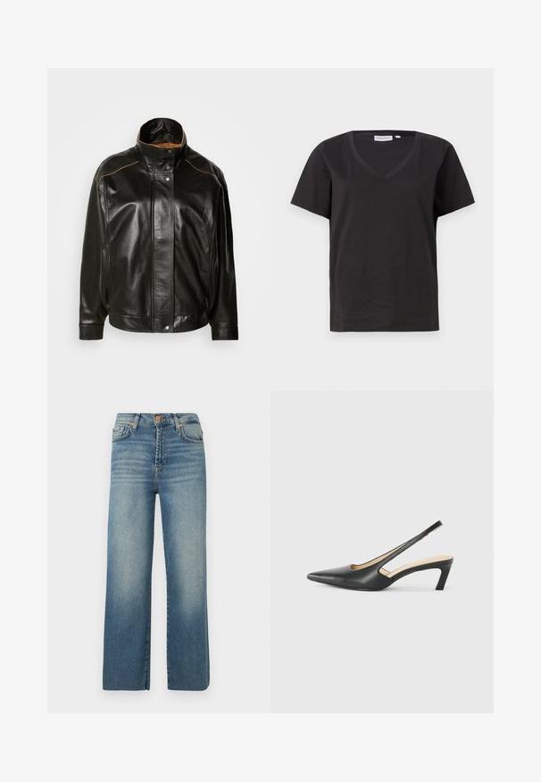 Must musta jope, millel on kõrge krae, nupuklõpsuga sulgemine ja kontrastne söeõmblus. Sile tekstuur ja veidi suurenenud lõige.; Must musta T-särk V-kaelusega ja lühikeste varrukatega. Lihtne disain, regulaarne istuvus, ilma mustrite ja aktsentideta.; Laia siniseid teksapükse, mis on valmistatud denimist, millel on pleekinud pesu, viie tasku disain, nööbikinnitus ja vöökohad, sirge ja mugav lõige.; Must mustaga, terav varvas, madala kontsaga sildiga king, mis on valmistatud siledast nahast ja mille küljel on lõike disain hingavuse tagamiseks.