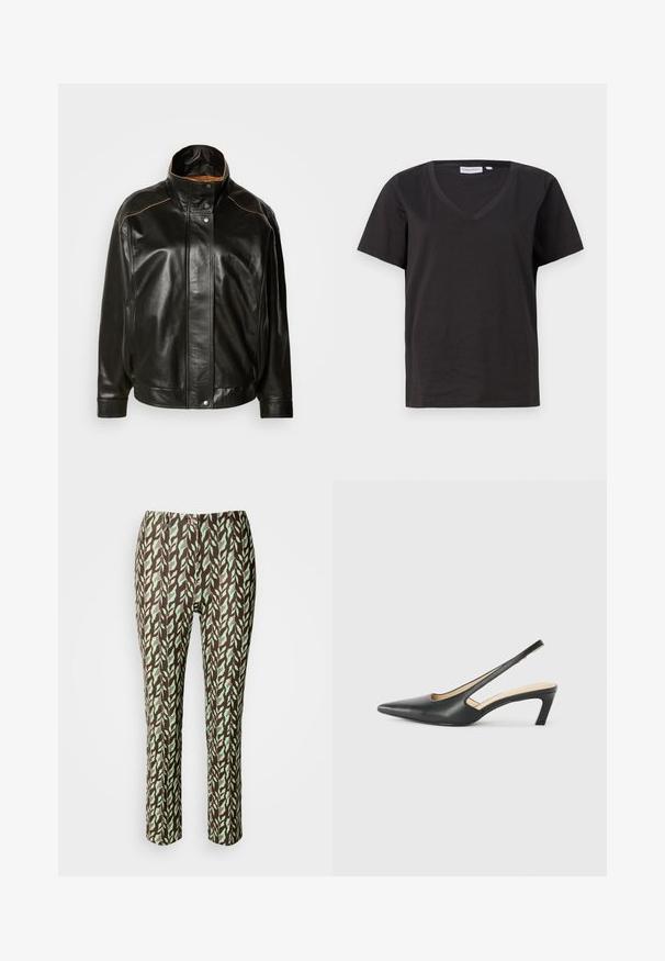 Juoda odinė striukė su aukšta apykakle, spaudimo mygtukų uždarymu ir kontrastinga šviesiai ruda siuvimo geliu. Lygaus paviršiaus su šiek tiek per dideliu fasonu.; Juodas medvilninis marškinėlis su V formos iškirpte ir trumpomis rankovėmis. Paprastas dizainas, reguliaraus kirpimo, be raštų ar akcentų.; Rudos ir žali raštuoti kelnės su lapų dizainu, siauras kirpimas, su lygia tekstūra ir be matomų užsegimų ar kišenių.; Juodas smailus slingback batelis su žemu kulnu, pagamintas iš lygaus odos paviršiaus ir su išpjovomis šone, užtikrinančiomis oro pralaidumą.