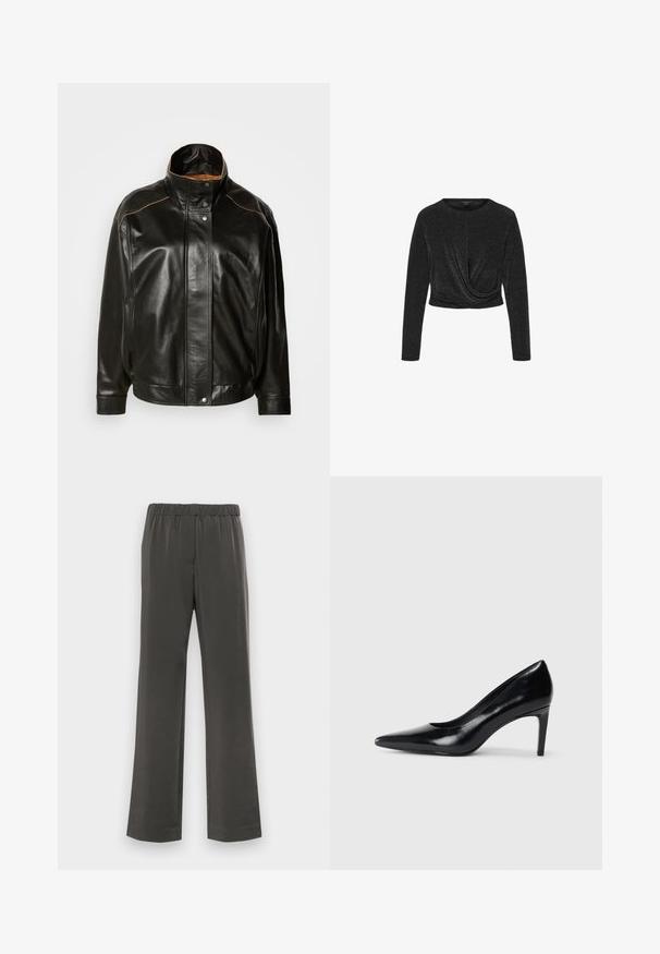 Μαύρο δερμάτινο μπουφάν με ψηλό γιακά, κλείσιμο με κουμπιά και αντίθετη καφέ ραφή. Λείο υλικό με ελαφρώς υπερμεγέθη εφαρμογή.; Μαύρη κοντή μπλούζα με μακριά μανίκια από μεταλλικό ύφασμα. Έχει στρογγυλή λαιμόκοψη και στριμμένη σχεδίαση στο μπροστινό μέρος. Λείο ύφασμα.; Σκούρο γκρι παντελόνι σε φαρδιά γραμμή με ελαστική μέση, κατασκευασμένο από μαλακό ύφασμα. Χωρίς τσέπες; διαθέτει απλό, χωρίς διακοσμήσεις σχέδιο.; Μαύρο δερμάτινο ψηλοτάκουνο παπούτσι με μυτερή μύτη, λεία υφή και κοφτό τακούνι. Μινιμαλιστικός σχεδιασμός, χωρίς επιπρόσθετες διακοσμήσεις.