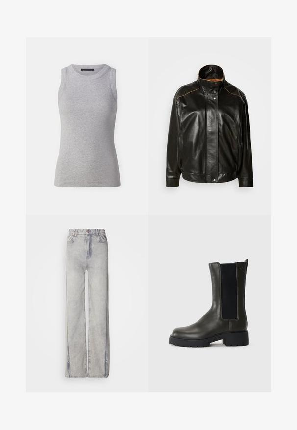 Sorte læderjakke med høj krave, knaplukning og kontrastfarvet tan syning. Glat tekstur med en let oversized pasform.; Grå ærmeløs tanktop lavet af ribbet stof. Har en rund halsudskæring og en tætsiddende facon. Simpelt design, ingen synlige mønstre eller accenter.; Lyseblå vid-leg jeans lavet af denim med en falmet vask, der har lynlås, fem lommer og kontraststikning.; Grøn læder ankelstøvle med elastiske sidepaneler, rund tå og gummisål. Har en struktureret overflade og en blokhæl.