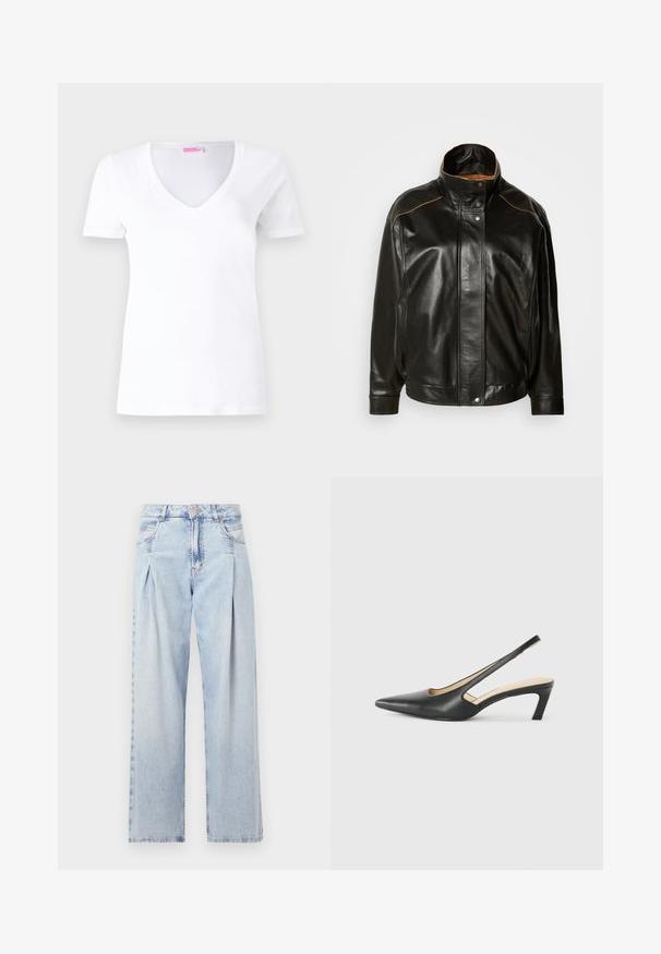 Černá kožená bunda s vysokým límcem, zapínáním na patenty a kontrastním béžovým prošíváním. Hladký povrch s mírně oversize střihem.; Bílý bavlněný tričko s výstřihem do V, krátkými rukávy a úzkým střihem. Štítek na výstřihu nese nápis "FROM FUTURE" v růžové barvě.; Světlé modré džíny z denimu s vysokým pasem, širokým střihem, dvěma bočními kapsami a nařaseným designem. Měkká textura s vybledlým povrchem.; Černý špičatý slingback s nízkým podpatkem, vyrobený z hladké kůže, s výřezem na boku pro lepší prodyšnost.