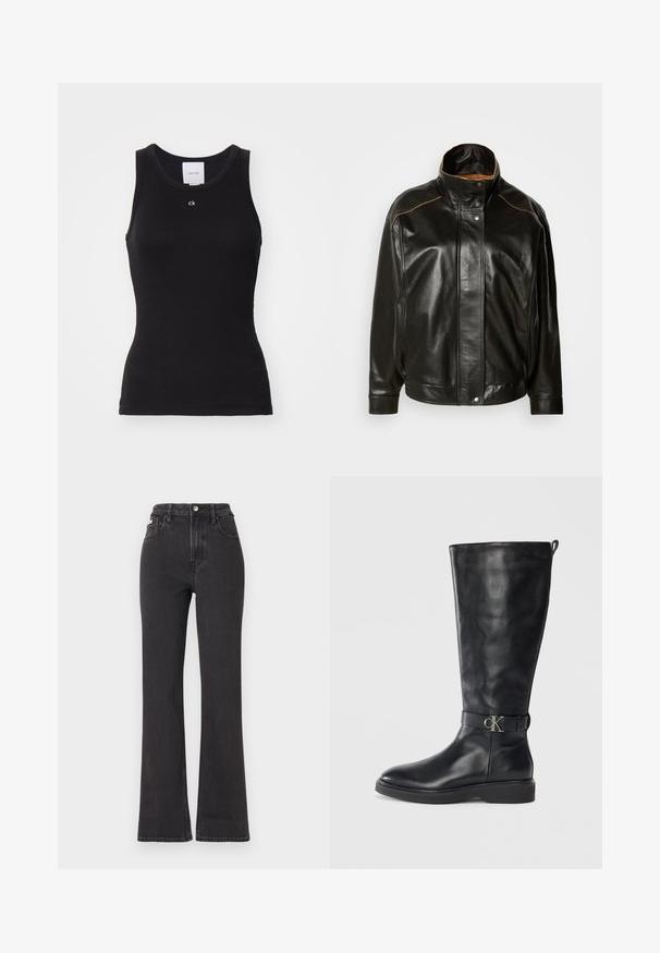 Fekete bőr dzseki magas gallérral, patentgombos záródással és kontrasztos világosbarna varrással. Simább textúra, enyhén oversize fazon.; Fekete pamut ujjatlan topp, testhez simuló fazonnal, kerek nyakkivágással, és fehér "ck" logóval a mellkason, sima tapintással.; Fekete, magas derekú, trapéz fazonú farmernadrág, gombos záródással, övrésszel és oldalsó zsebekkel. Sima textúrájú, minimális kopással.; Fekete bőr, térd fölé érő csizma alacsony sarkú, kerek orrú és fém "CK" logós csattal a bokáján.