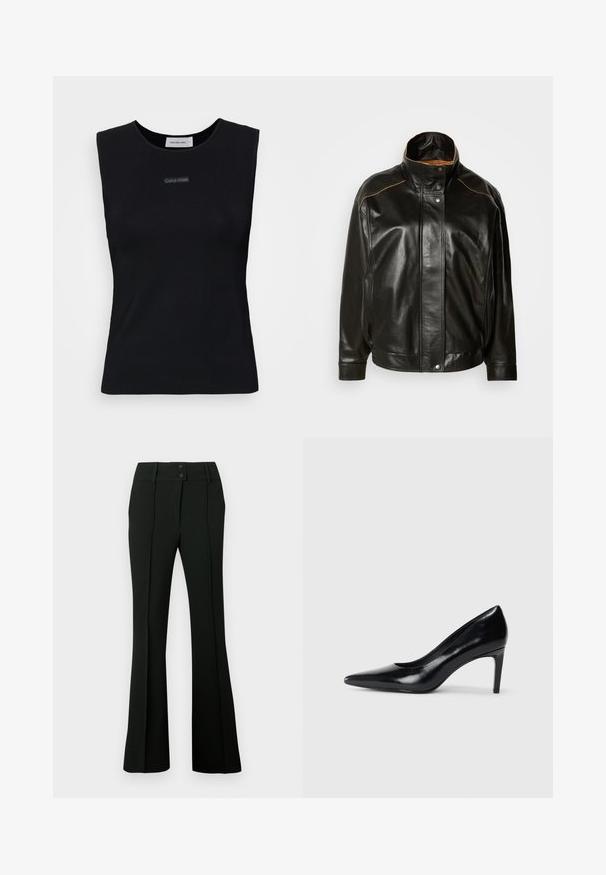 Fekete bőr dzseki magas gallérral, patentgombos záródással és kontrasztos világosbarna varrással. Simább textúra, enyhén oversize fazon.; Fekete ujjatlan felső sima anyagból. Kerek nyakkivágással és egy kis Calvin Klein logóval a közepén. Egyszerű és testhez álló dizájn.; Fekete, bővülő szárú nadrág, sima anyagból, magas derékkal, két gombbal és elöl hajtásokkal, amelyek szabott megjelenést kölcsönöznek.; Fekete bőr magassarkú cipő, hegyes orral, sima textúrával és kúpos sarkal. Minimalista dizájn, nincsenek további díszítések.
